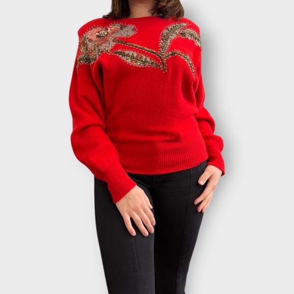 Vintage 1980s Alberto Red Floral Sequin Pullover Lambswool & Angora Sweater - Picture 1 of 9